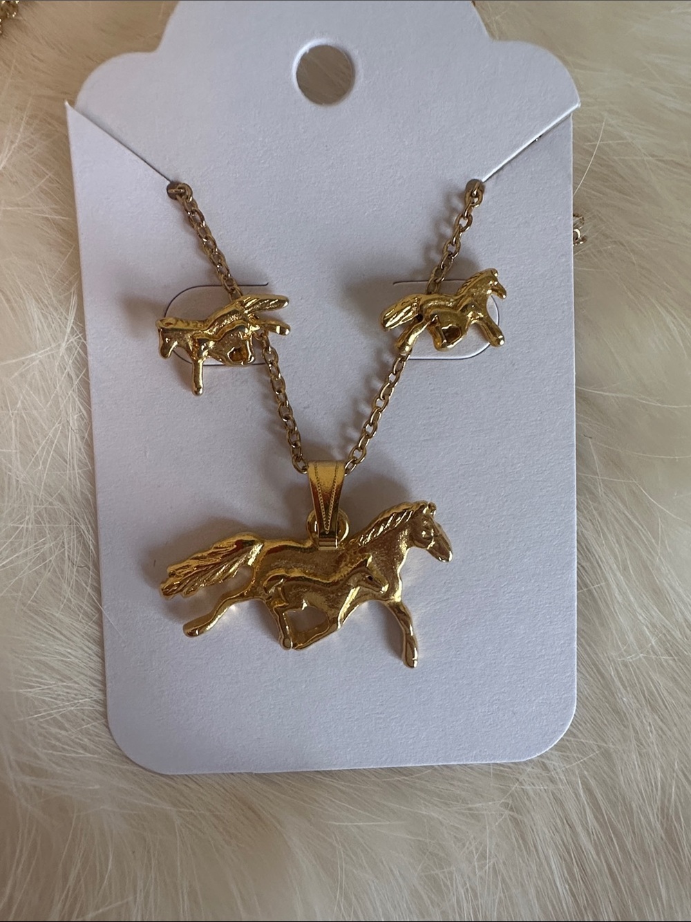 Gold Horse Pendant Necklace and Stud Earrings